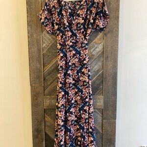 Bobeau Floral Long Sleeve Dress in Navy and Pink